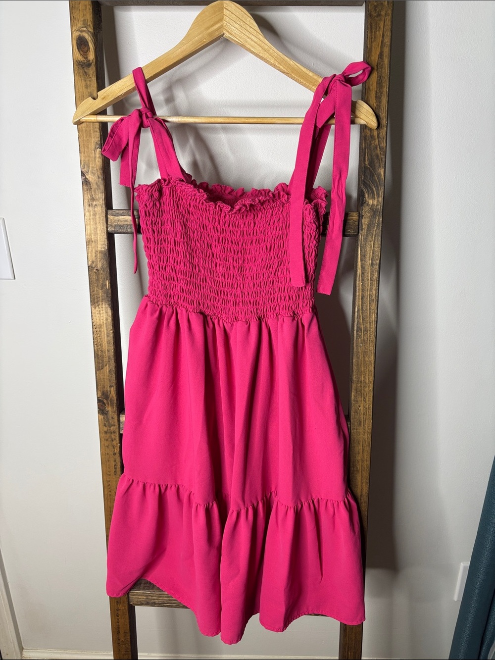 SHEIN Bright Pink Tie-Shoulder Smocked Tiered Mini Dress Size M